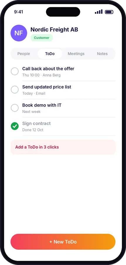 Elenco delle attività di un cliente nell'app Raptool CRM