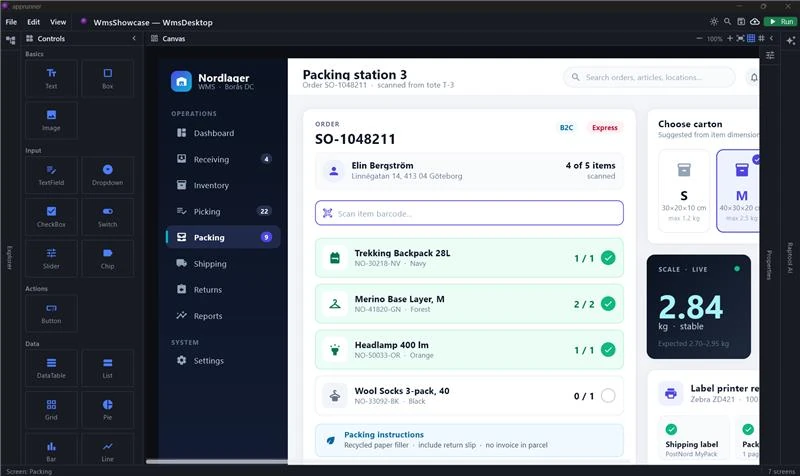 Raptool 8 App Designer con una pantalla de embalaje de WMS para escritorio
