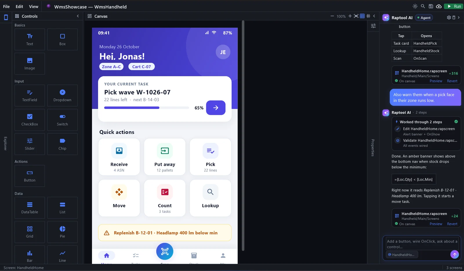 Raptool 8 App Designer con una pantalla de WMS para terminal portátil y el panel de Raptool AI