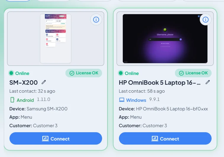Schede dispositivo per un tablet Samsung e un portatile HP, entrambi online con licenza OK