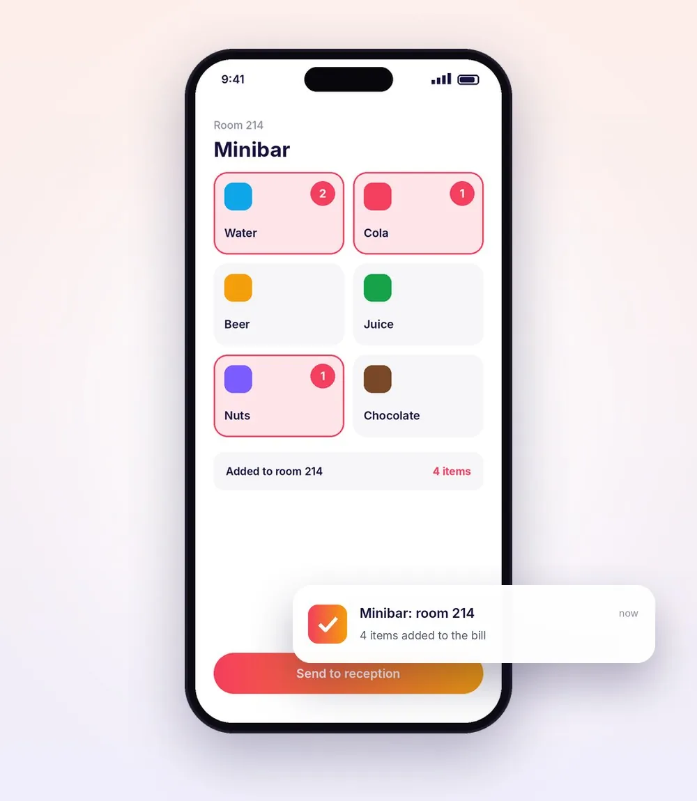 Minibar app adding items to room 214