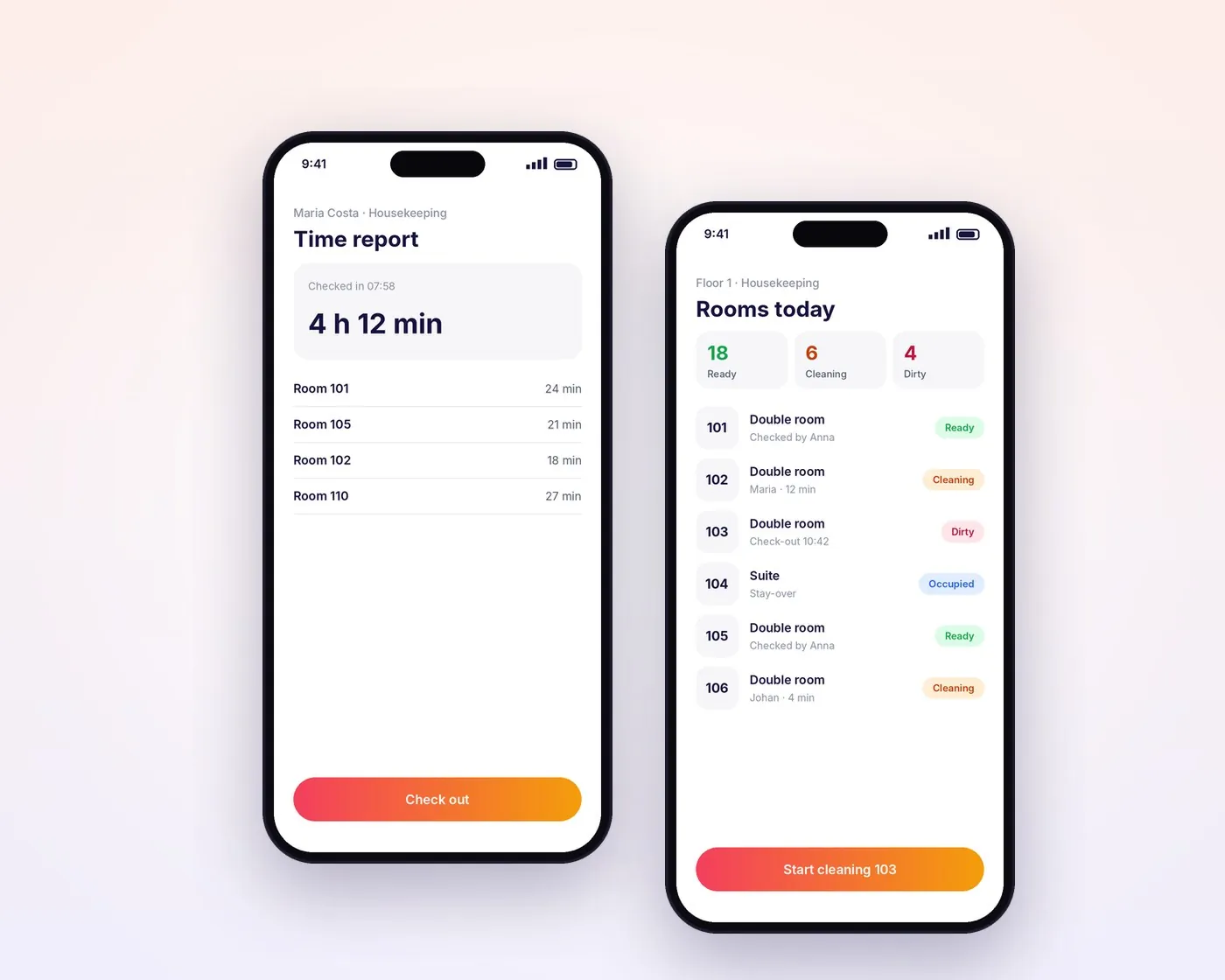 Time report and housekeeping apps on two phones