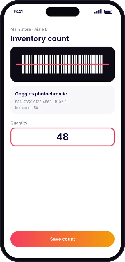 Scanning an article and entering the quantity in the Raptool counting app