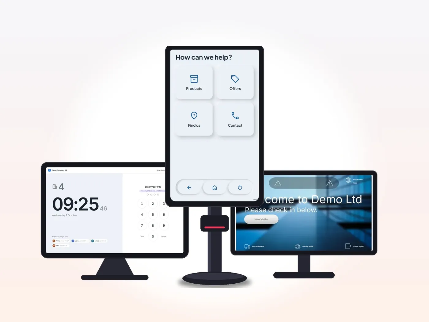 Raptool kiosk app on a floor kiosk, a screen and a tablet