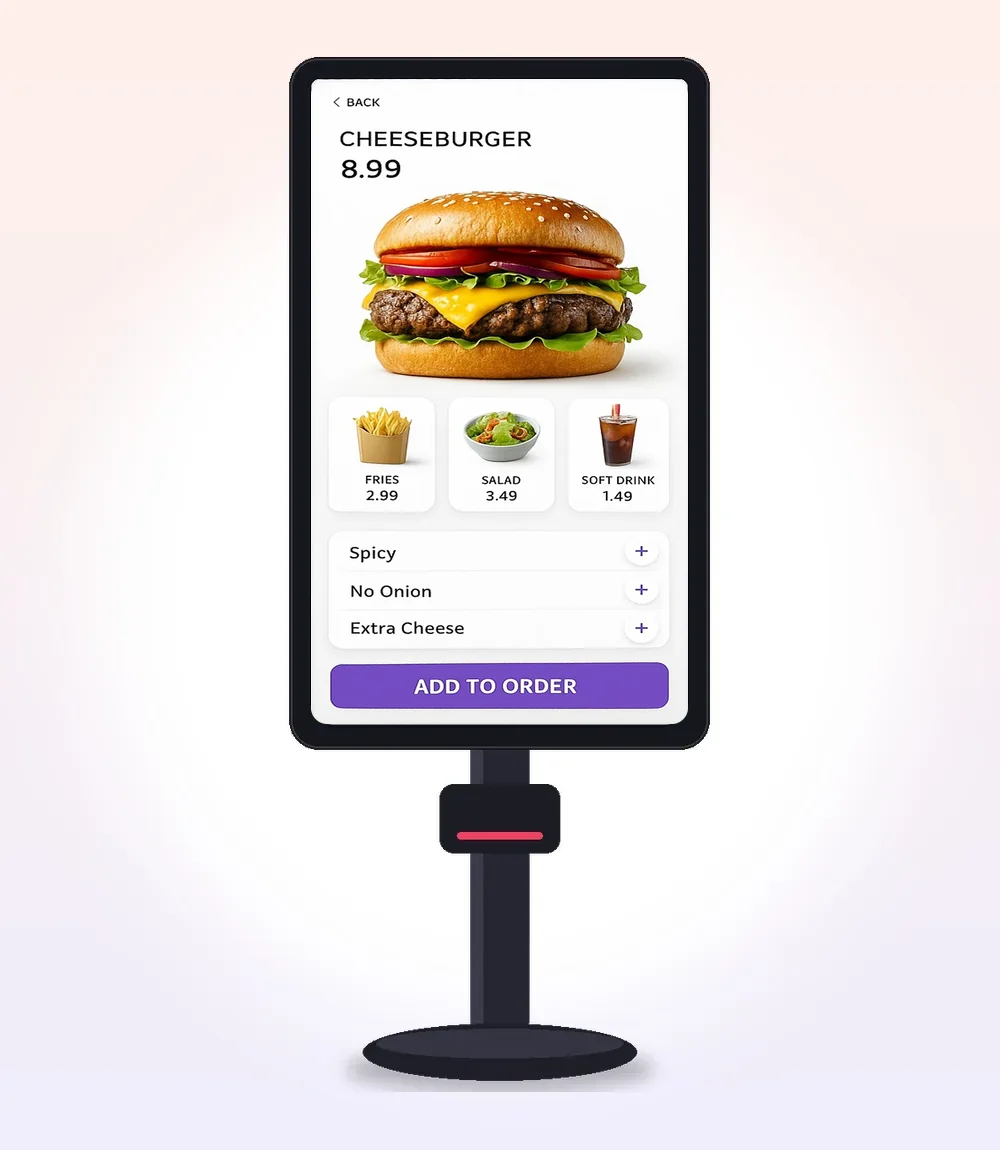 Kiosk-Stele mit Bestellbildschirm für Essen zum Mitnehmen: Cheeseburger, Pommes, Salat und Softdrink, mit „Zur Bestellung hinzufügen“
