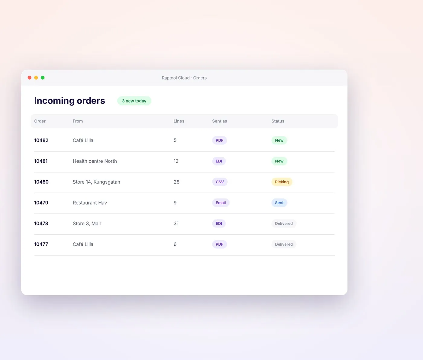 Incoming orders in the Raptool Cloud web interface