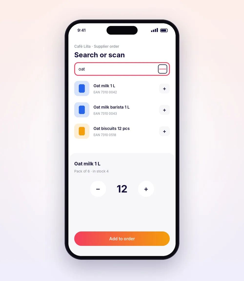 Search and scan screen with quantity selector
