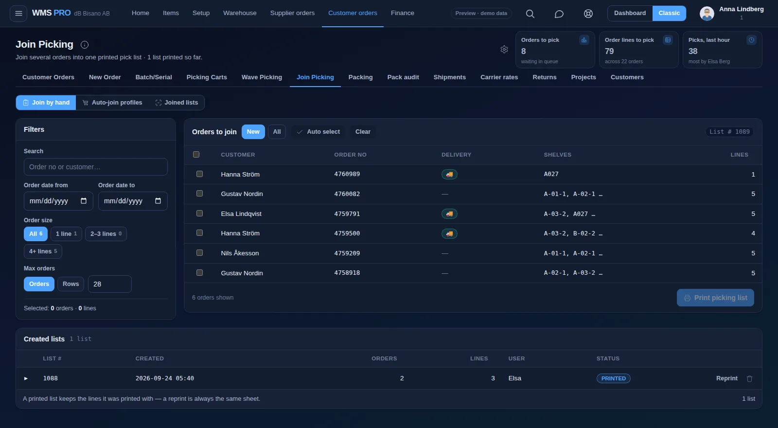Join Picking screen with order filters, orders to join and created pick lists