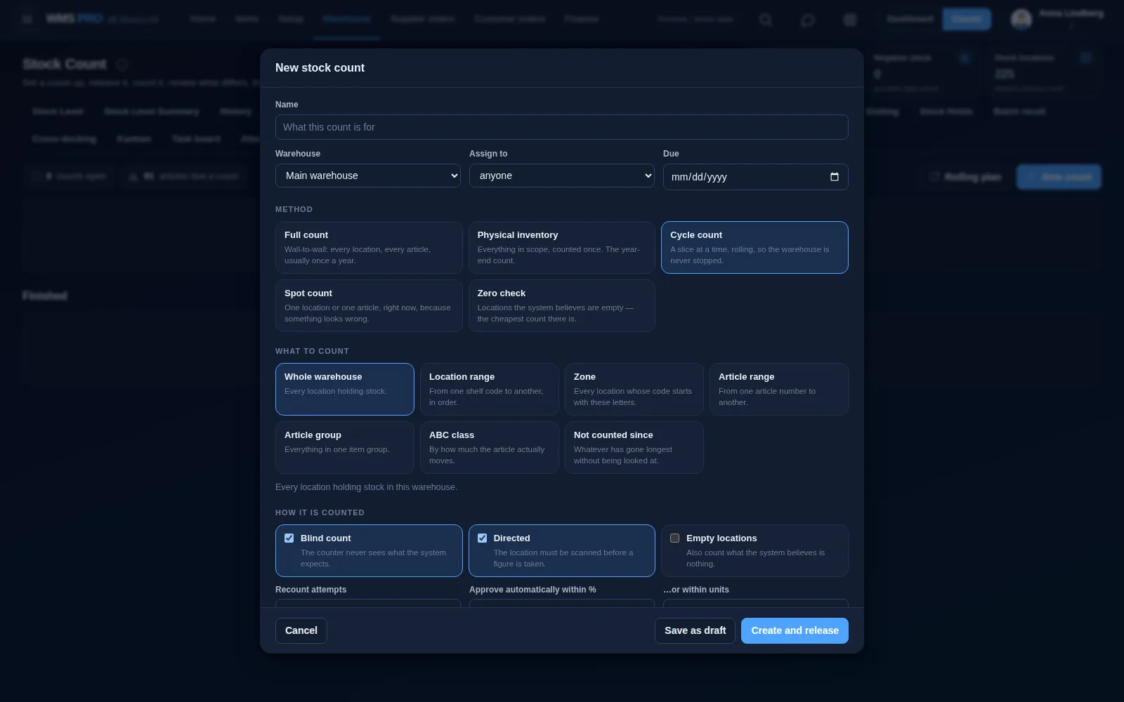 New stock count dialog with count methods, scope options and blind and directed counting