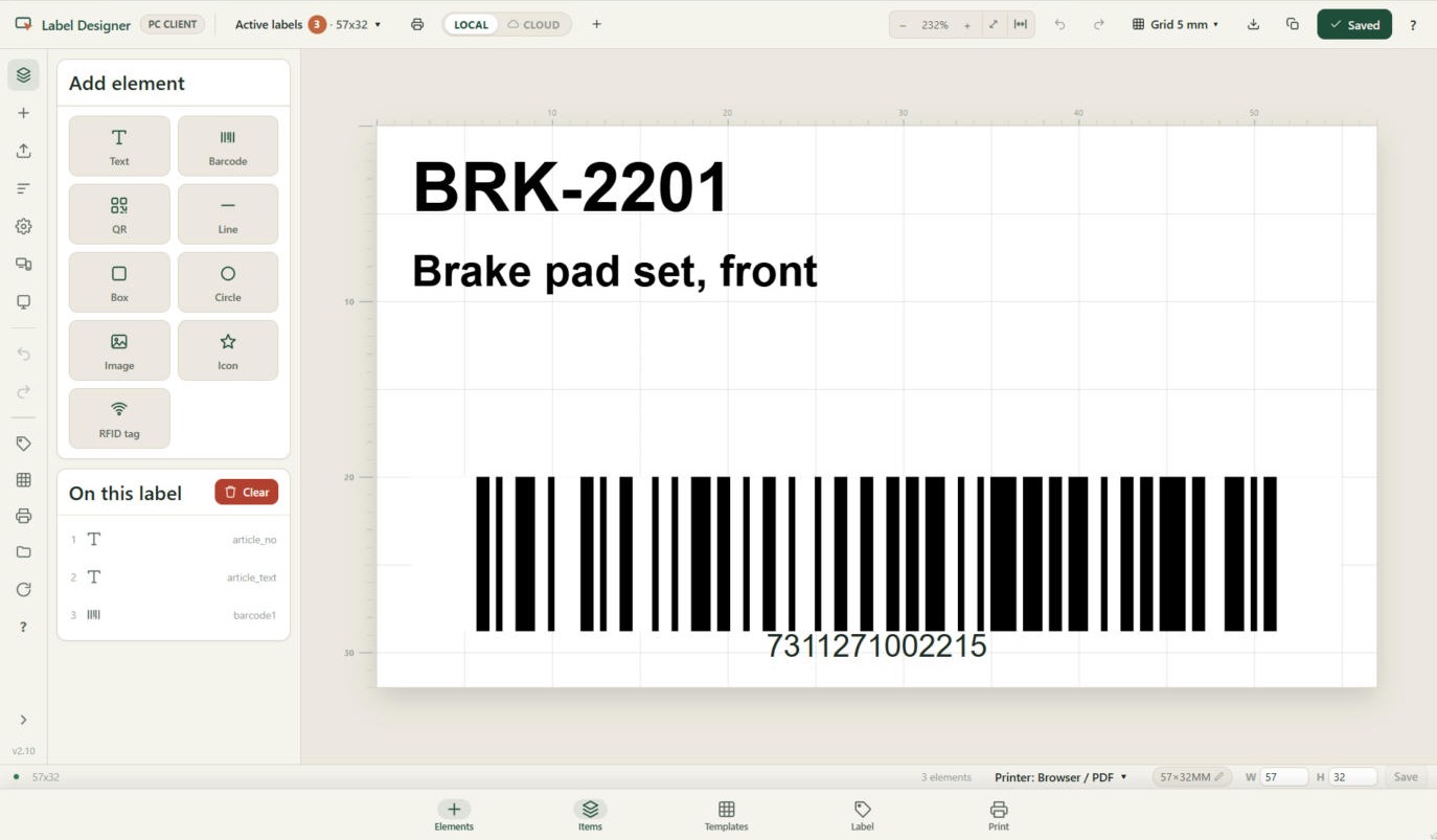 Label Designer with a barcode label