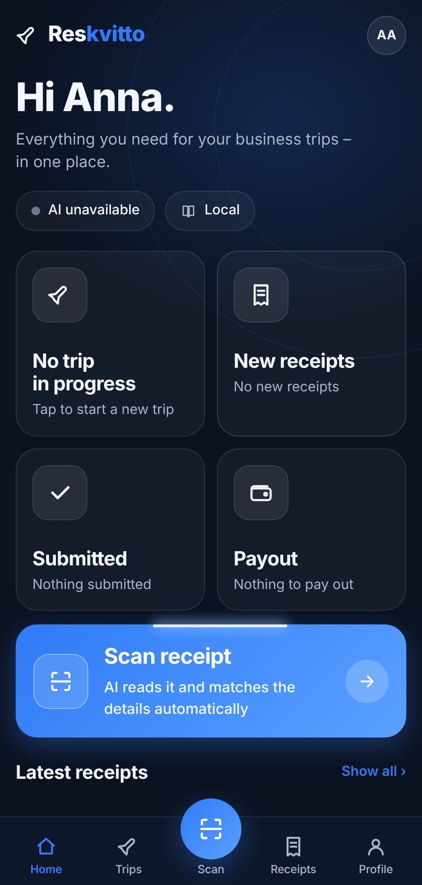 Reskvitto home screen