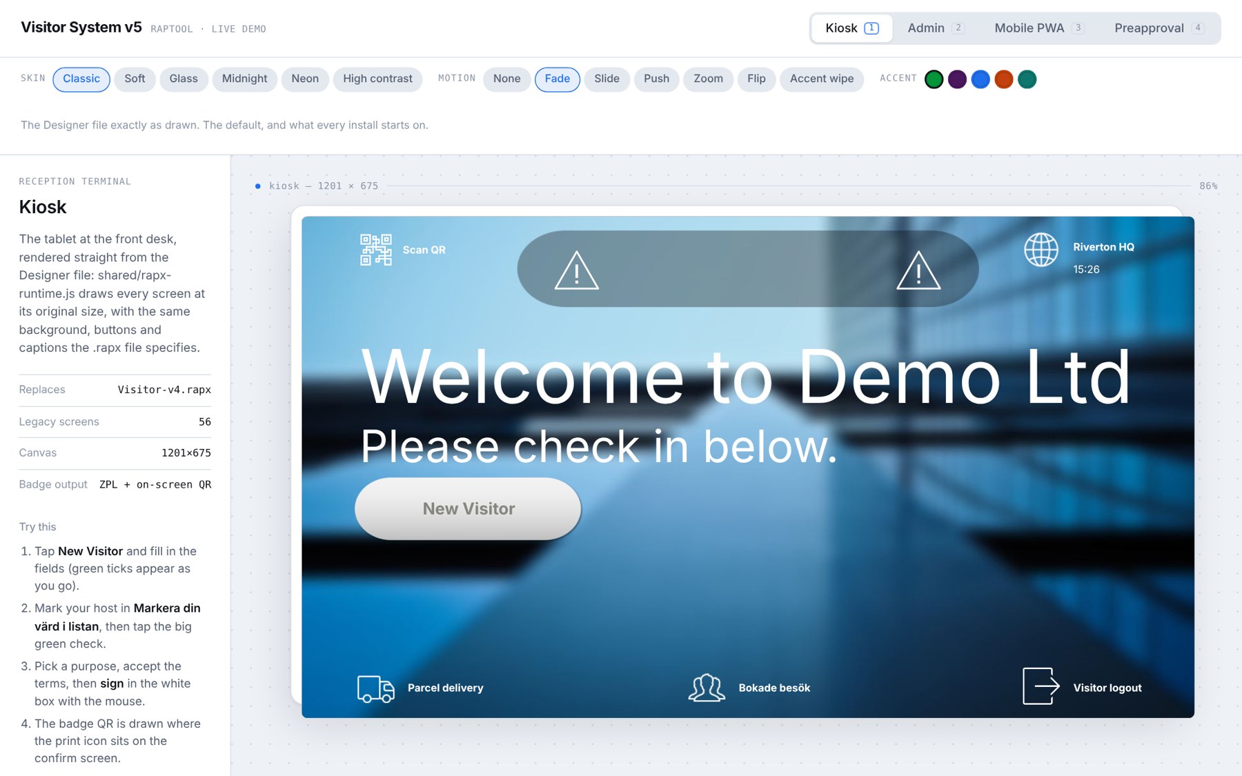 Visitor kiosk welcome screen inside the demo page