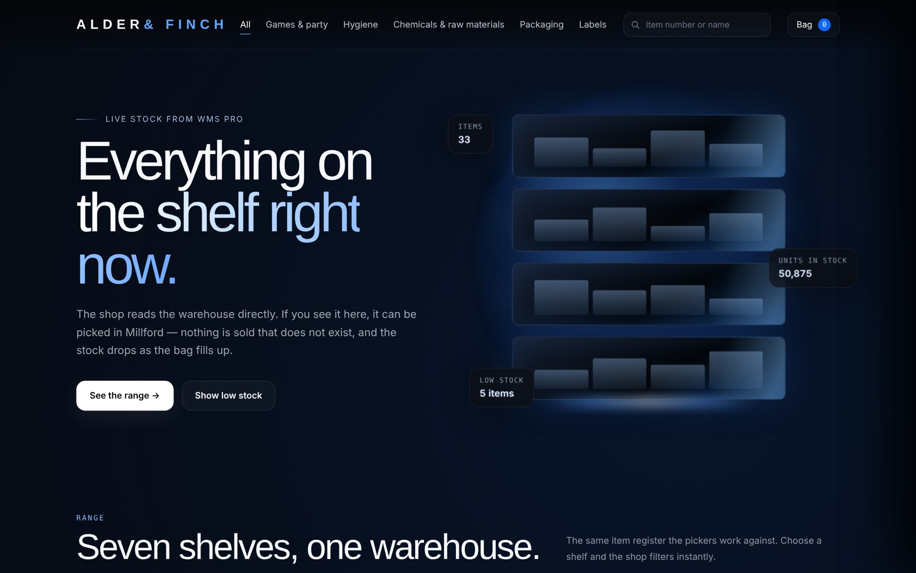 Webshop showing live stock from the warehouse