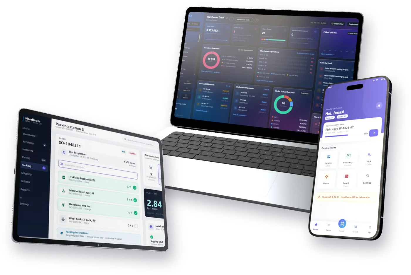 App Raptool su un laptop, un tablet e uno smartphone: dashboard WMS, postazione di imballaggio WMS e schermata iniziale WMS per terminale portatile