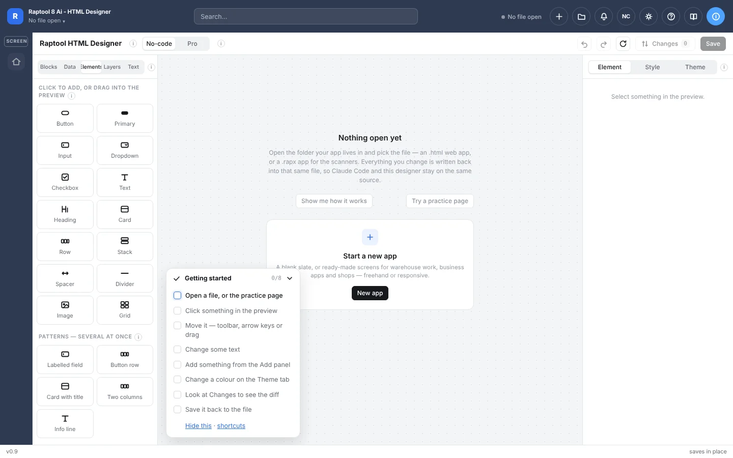 Pantalla de inicio de Raptool 8 HTML Designer
