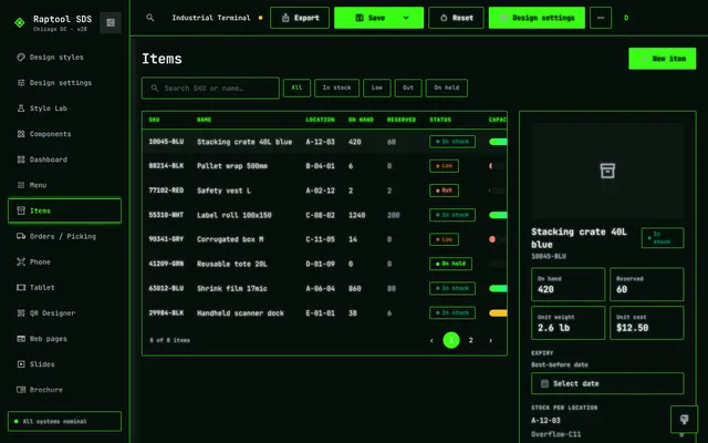 Designers Items screen