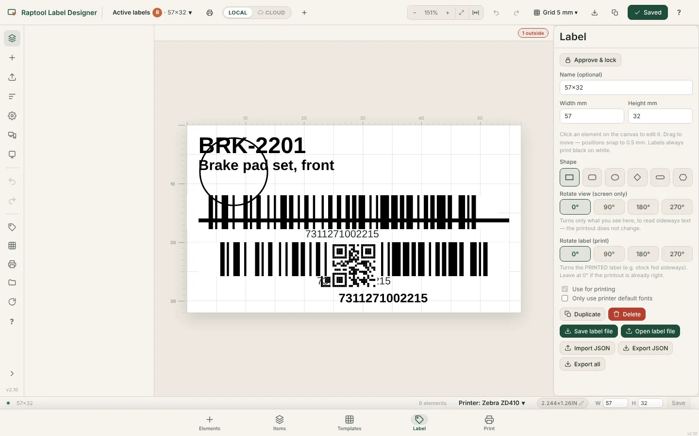 Raptool Label Designer editor with a label being designed