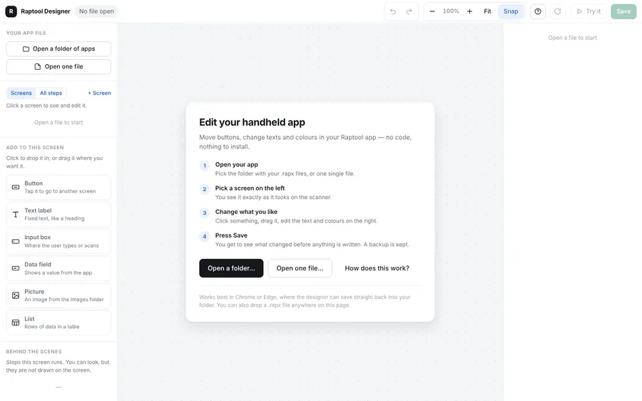 Raptool Designer screen