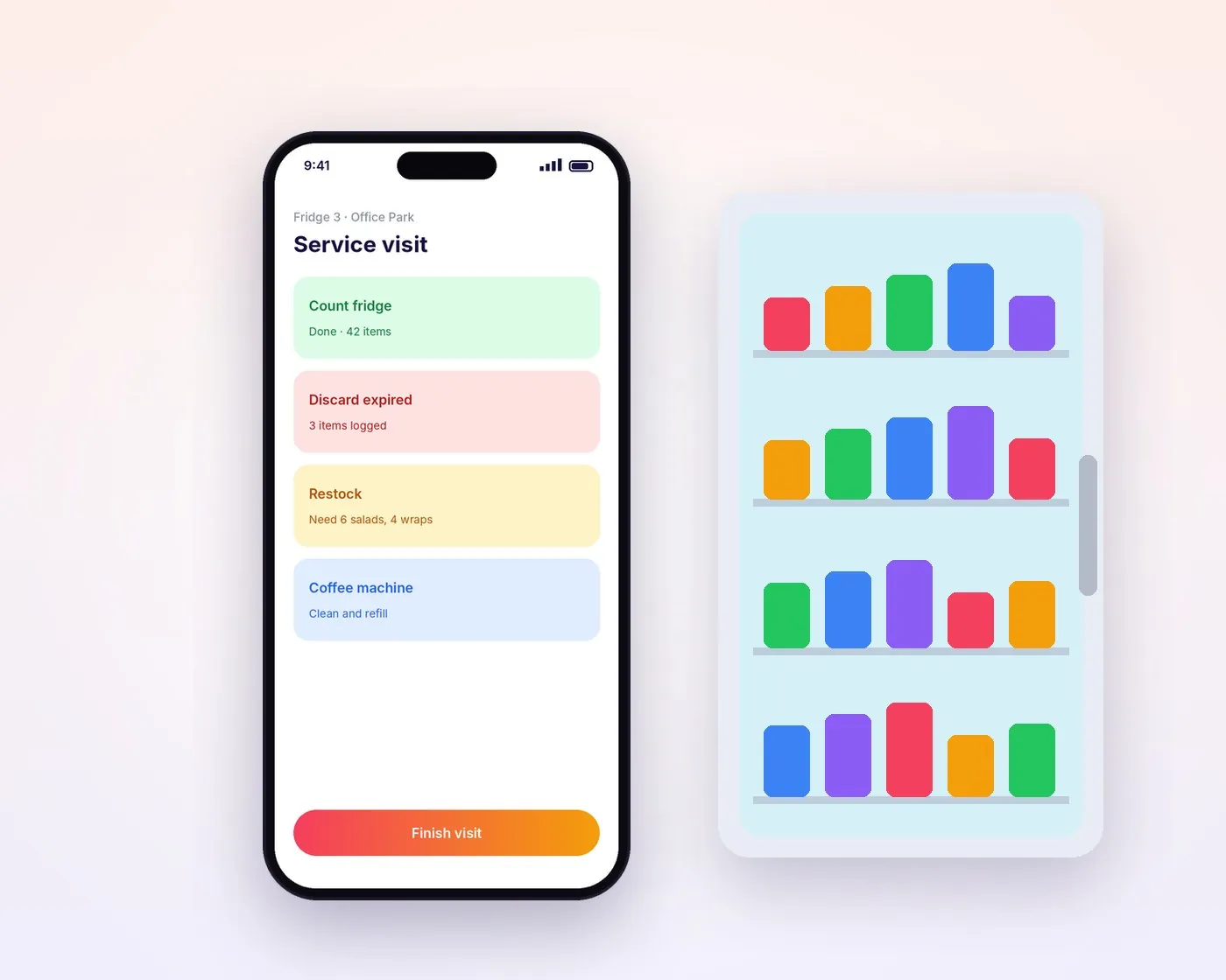 Service visit app with fridge count, discarded items, restock and coffee machine tasks