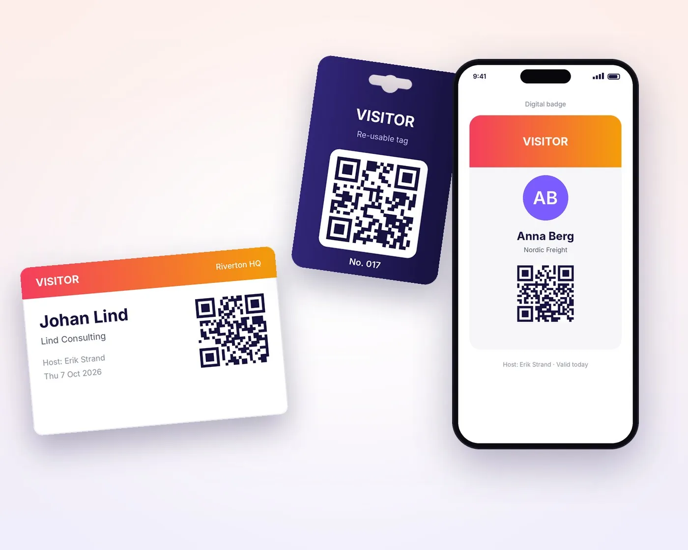 Paper visitor badge, plastic tag and digital badge