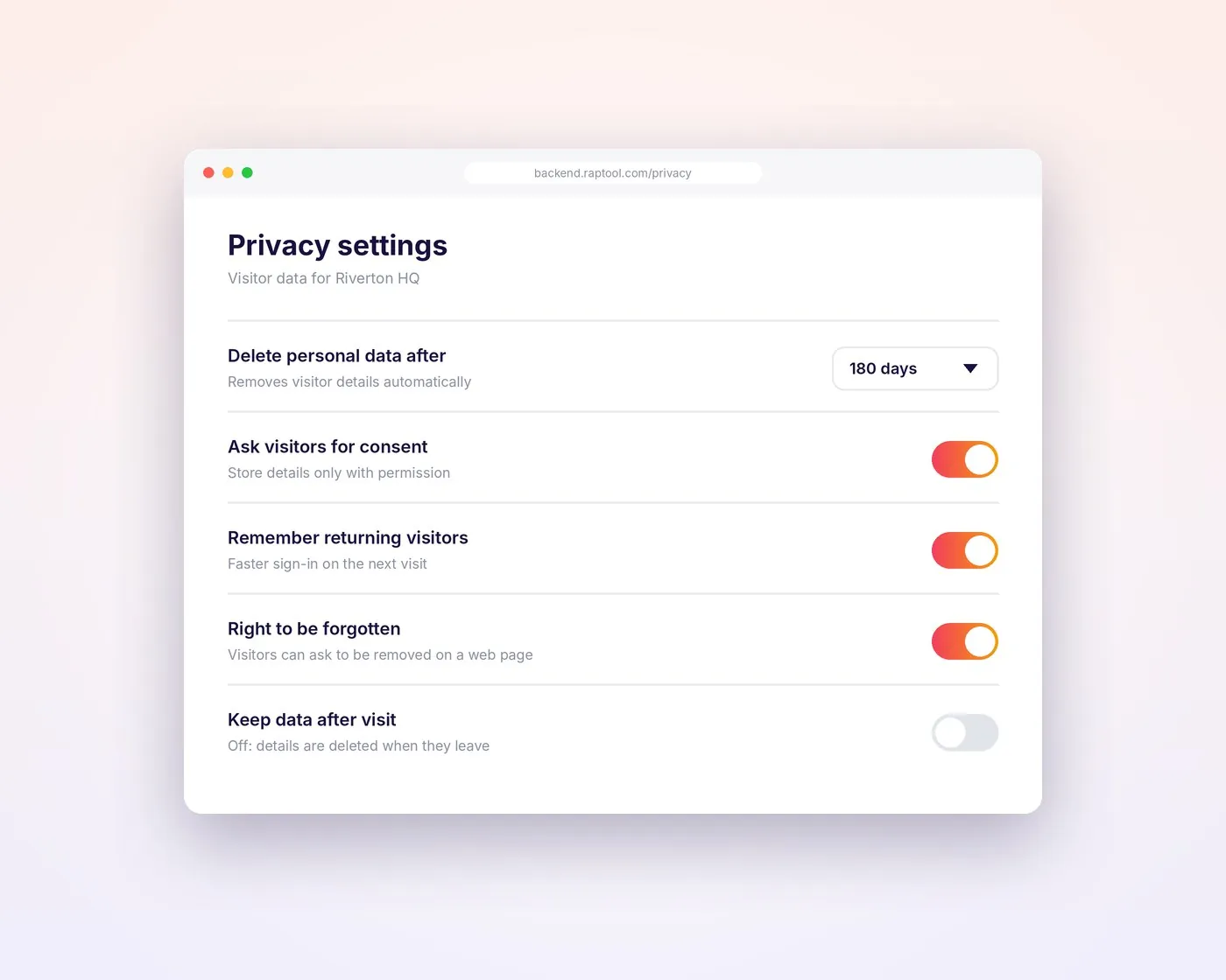 Privacy settings in the Raptool backend