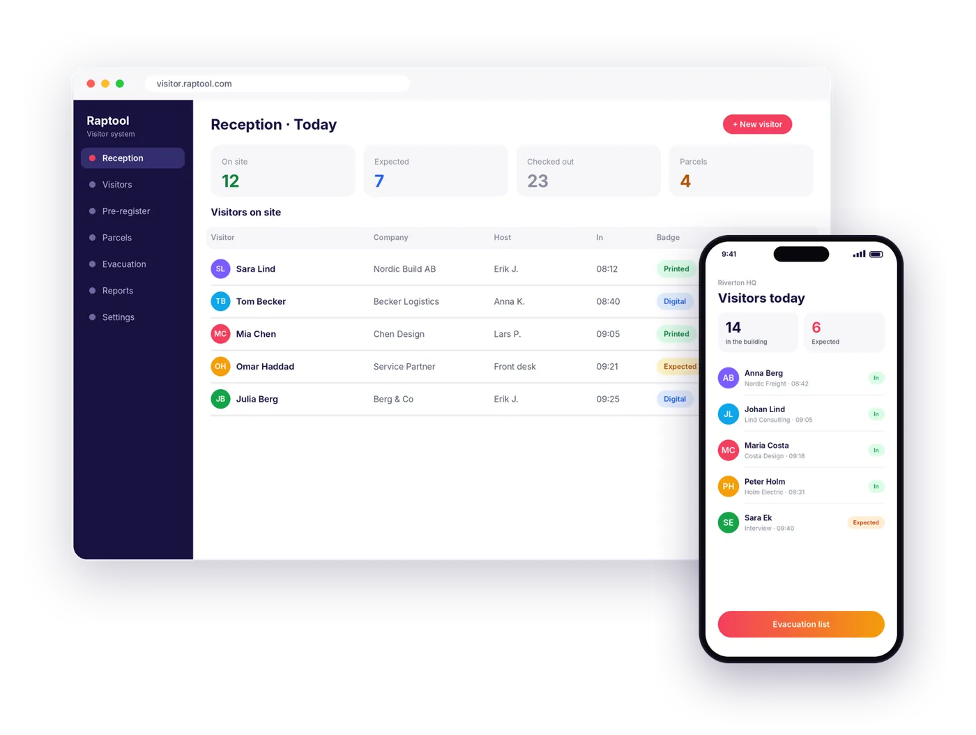 Le système de gestion des visiteurs Raptool sur un ordinateur et un téléphone