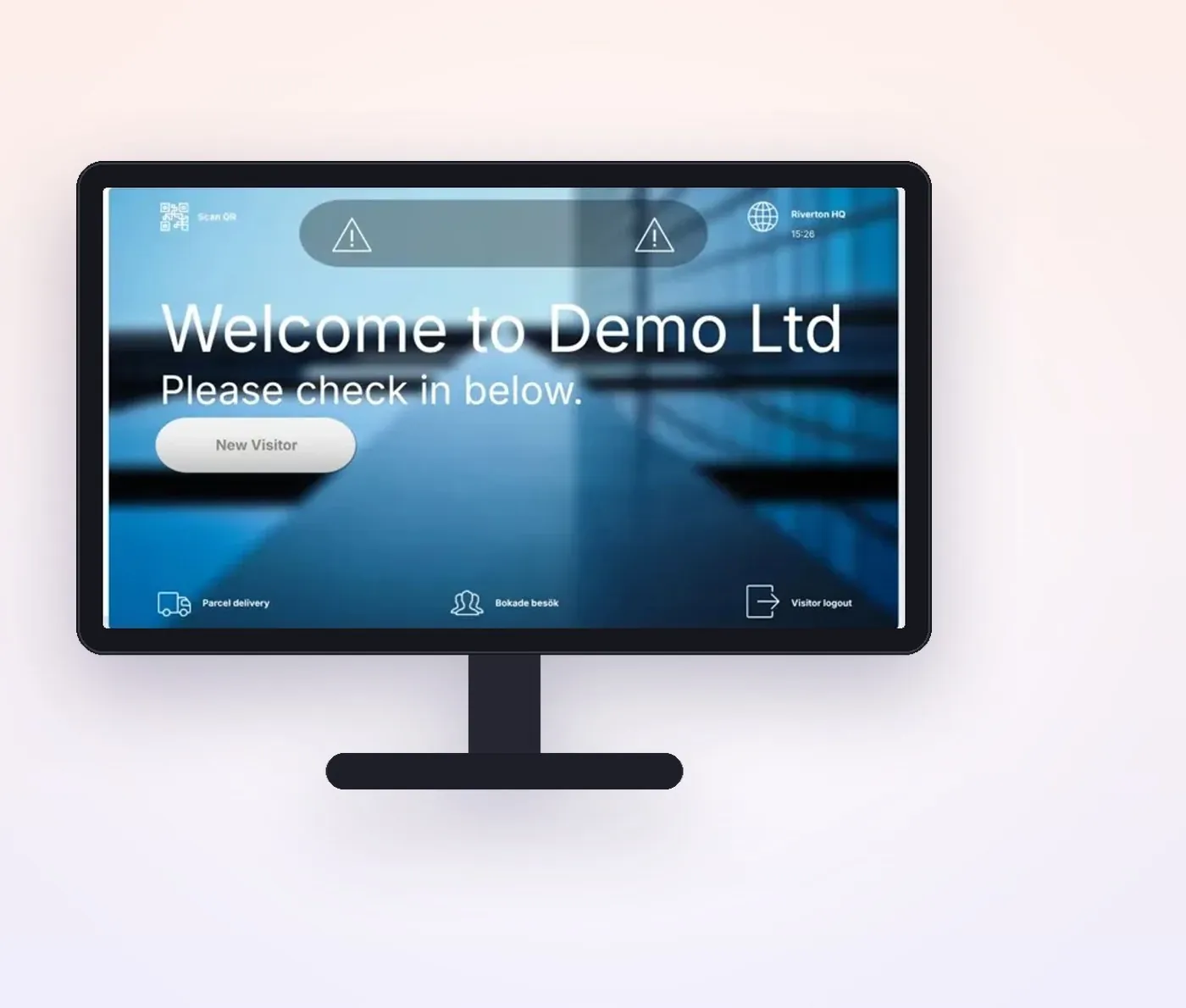 Branded visitor sign-in screen on a reception monitor