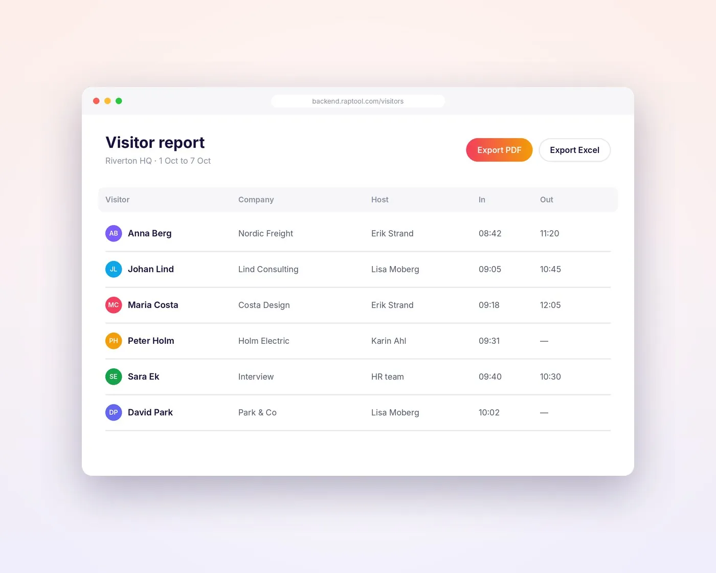 Visitor report with PDF and Excel export