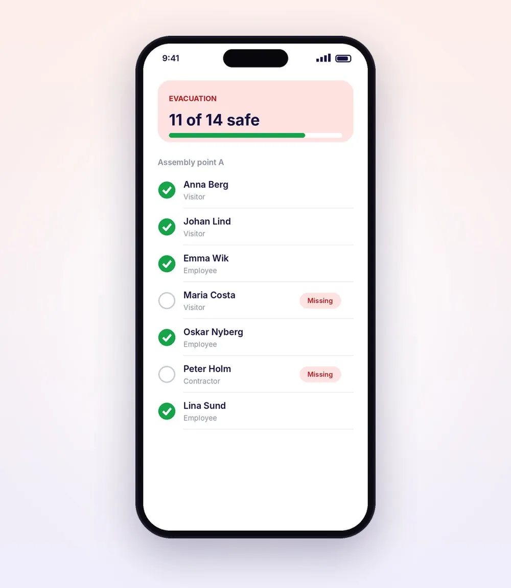 Evacuation roll call in the Raptool app