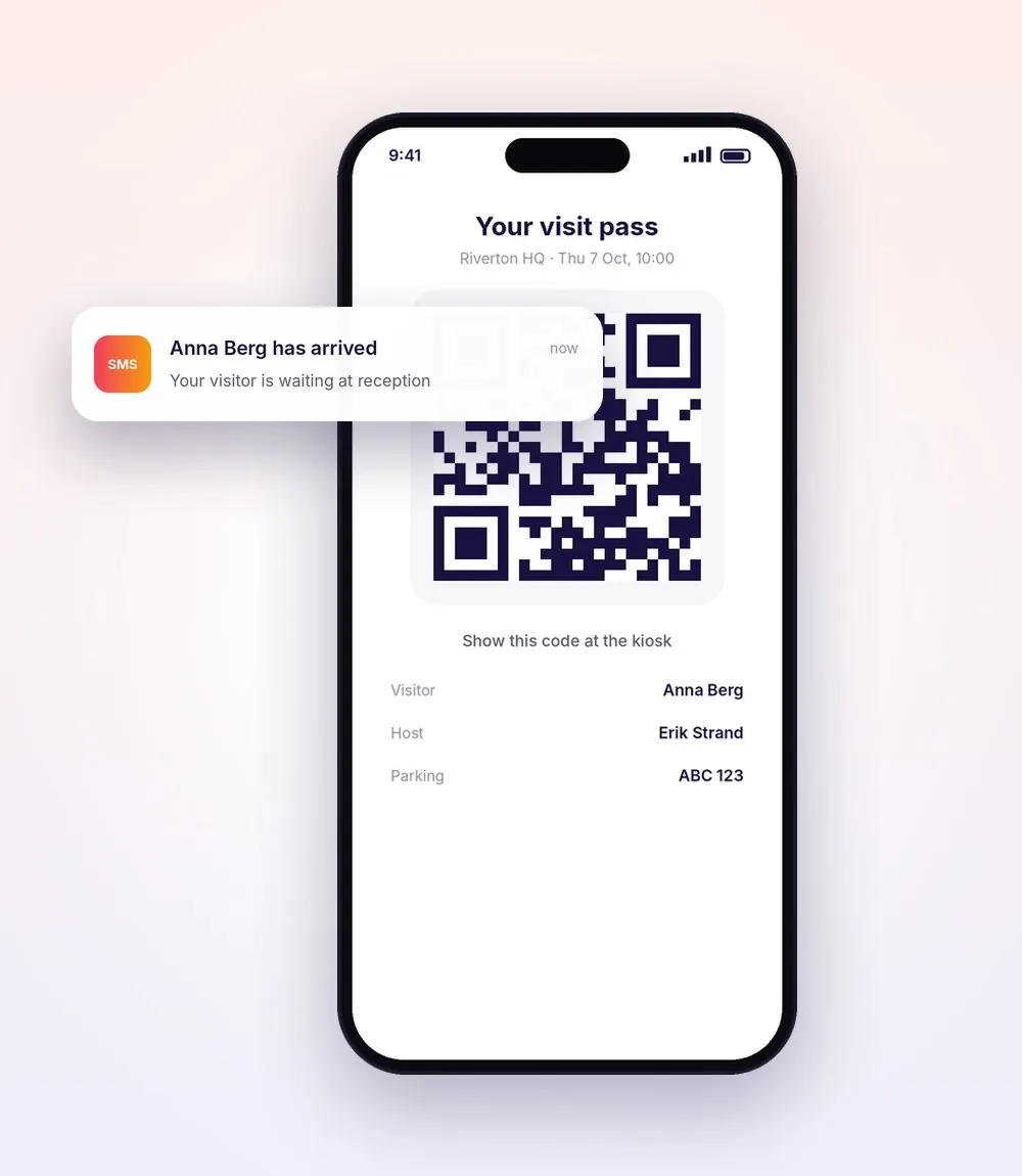 Visit pass with QR code and an arrival SMS