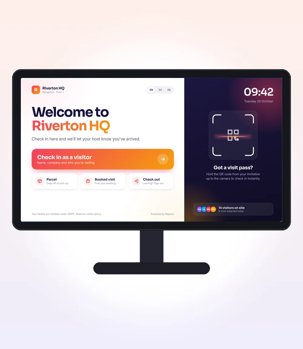 Écran d'enregistrement de la borne de gestion des visiteurs avec notification de l'hôte