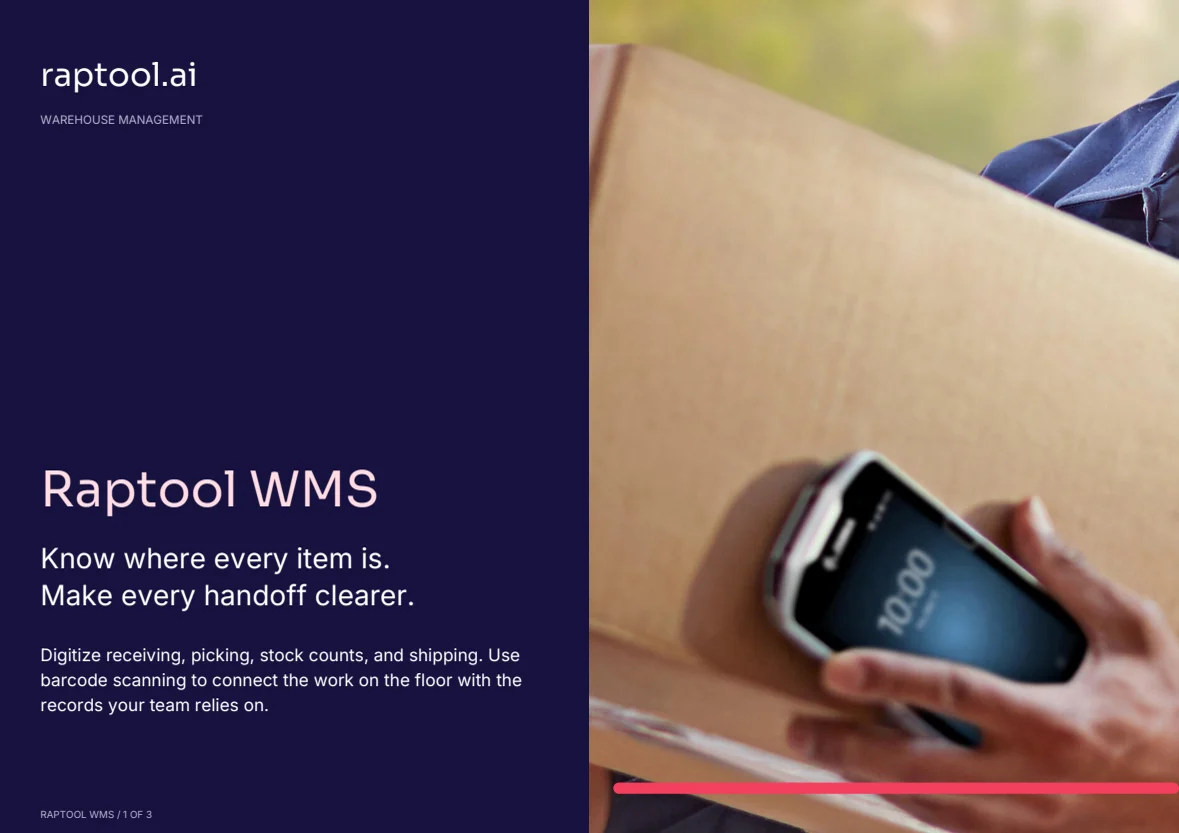 Cover of the Raptool WMS brochure: Know where every item is. Make every handoff clearer.